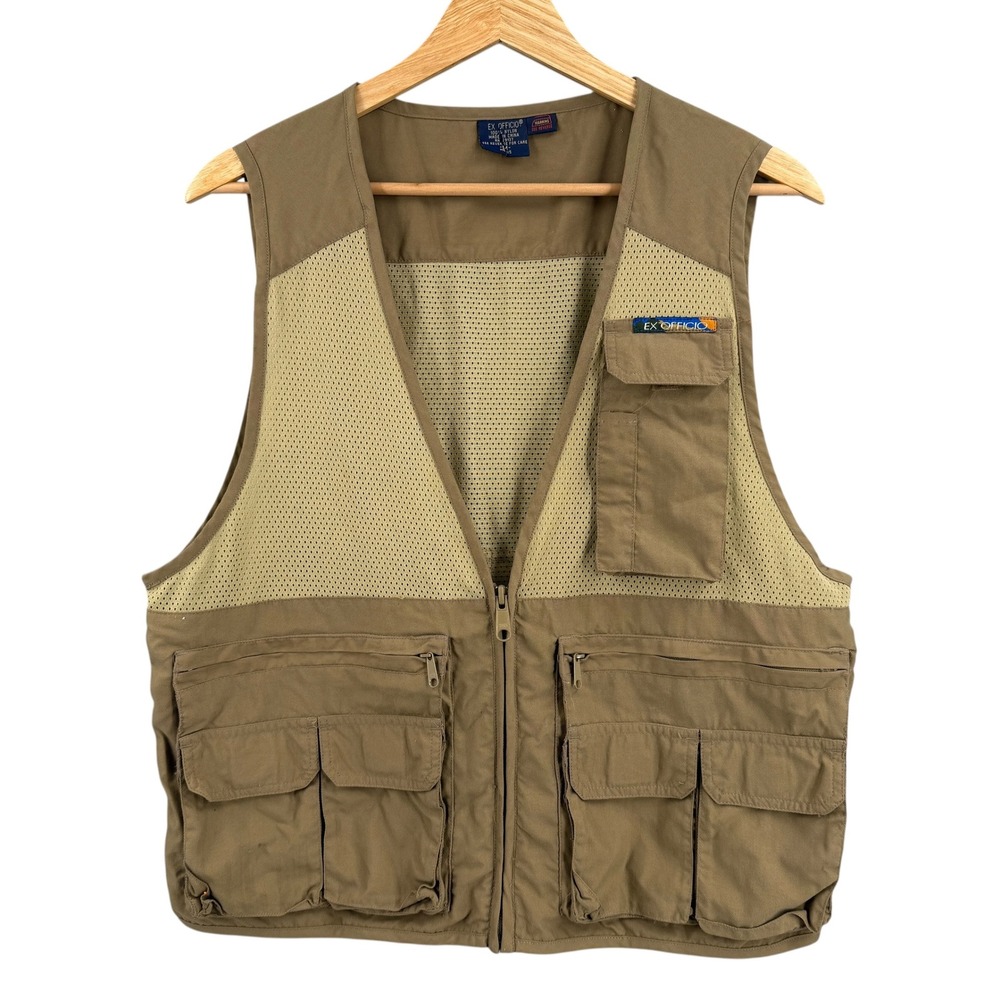 ExOfficio Fishing Vest Mens Medium Tan Mesh‎ Multi Pocket Utility Travel Fishing